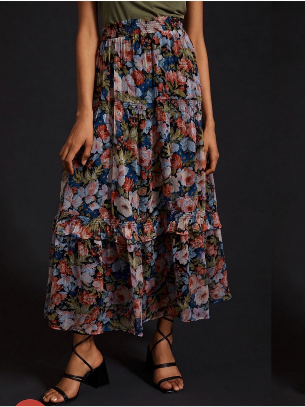 Anthropologie Floral Tiered Maxi Skirt in Navy, Pink, Green
